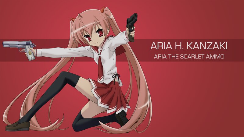 Anime Girl with Guns — Red, Dramatic, School Uniform, Long Hair