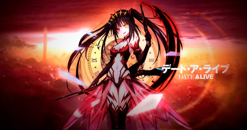 Anime Girl with Guns — Red, Dramatic, Sunset, Digital Art, Clock