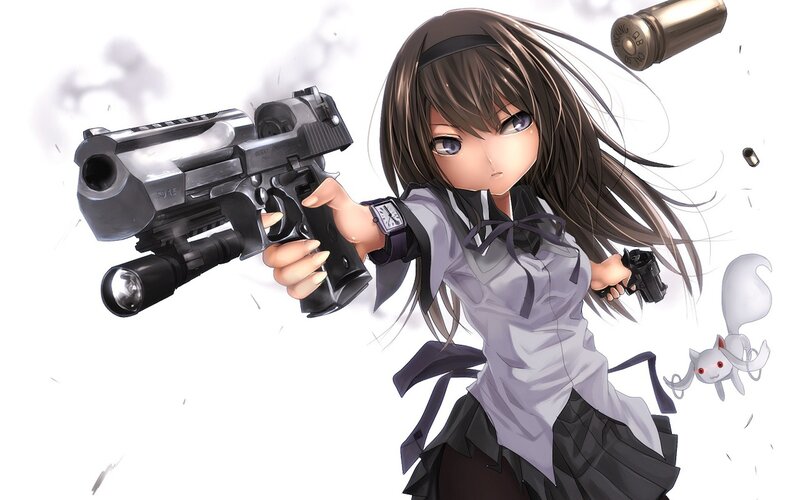 Anime Girl with Guns — White, Action, Bullet, Cat