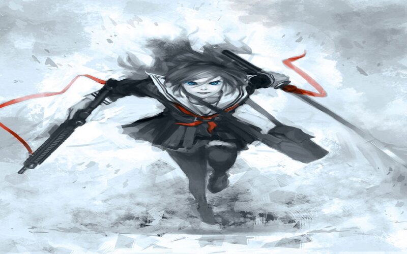 Anime Girl with Guns — White, Dramatic, Digital Art
