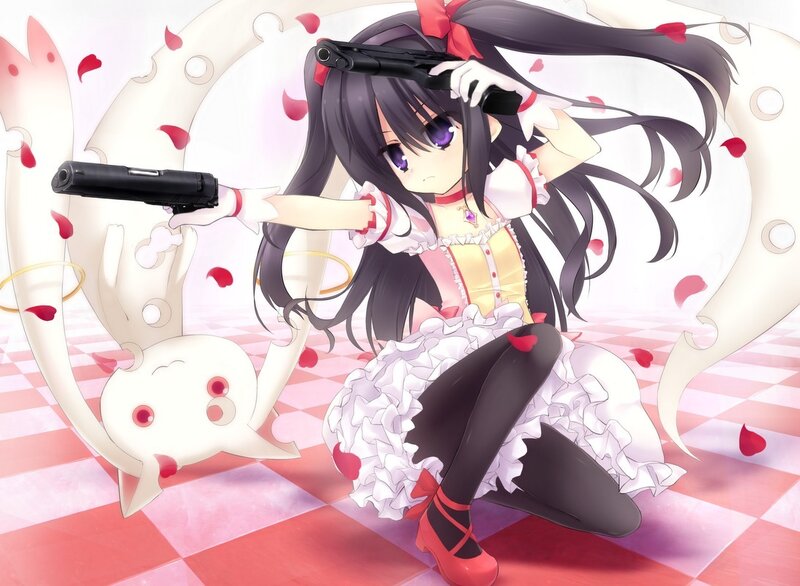 Anime Girl with Guns — White, Dramatic, Rose Petals