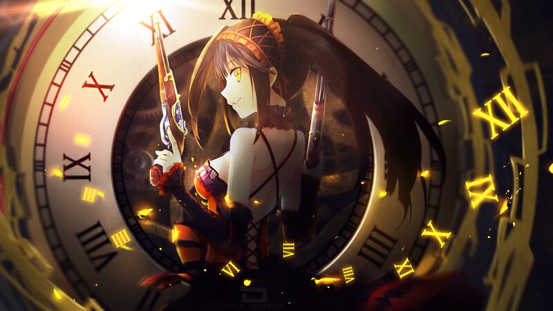 Anime Girl with Guns — Yellow, Dramatic, Digital Art, Clock