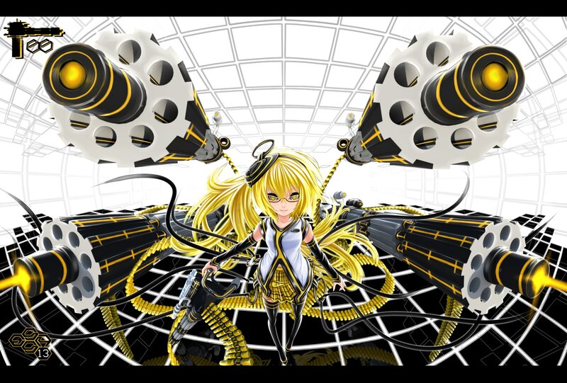 Anime Girl with Guns — Yellow, Dramatic, Digital Art