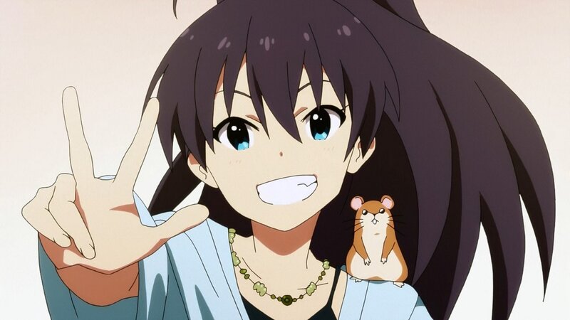 Anime Girl with Hamster — Blue, Happy