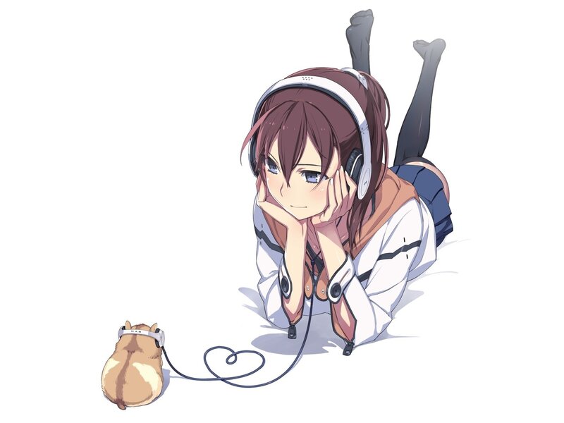 Anime Girl with Hamster — White, Calm, Headphones