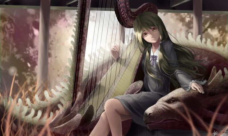 Anime girl with harp and dragon