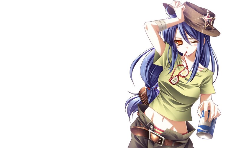 anime girl with hat and drink