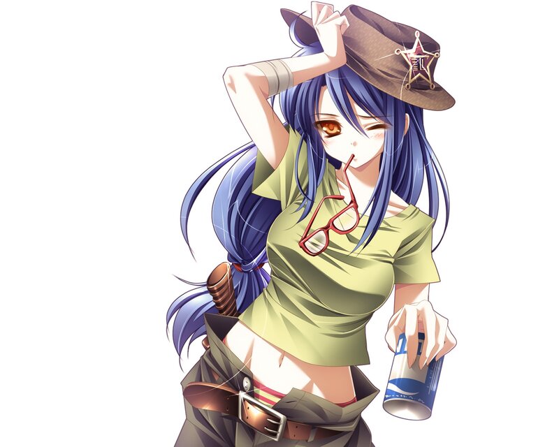anime girl with hat and drink