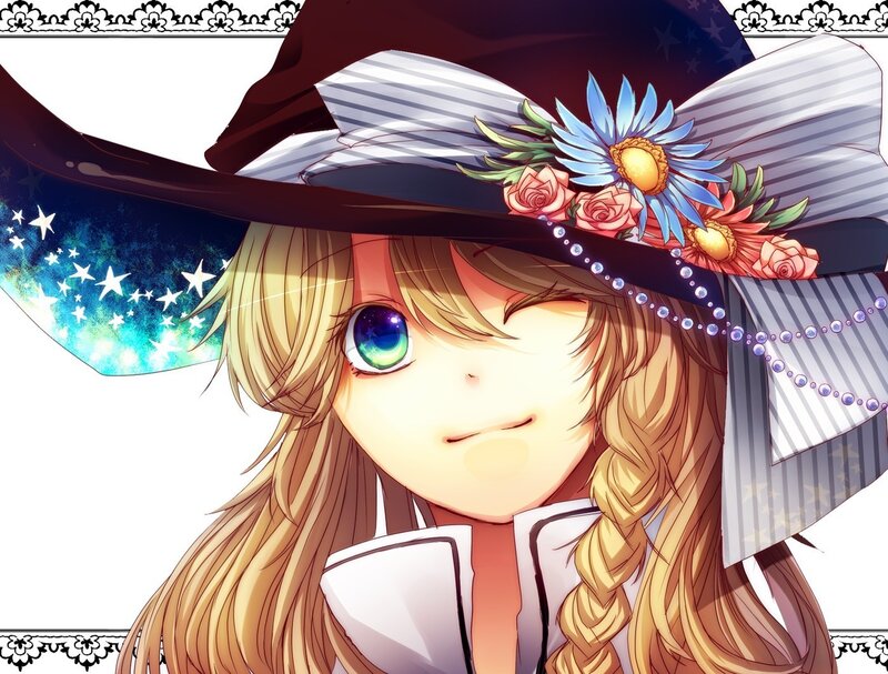 anime girl with hat and flowers