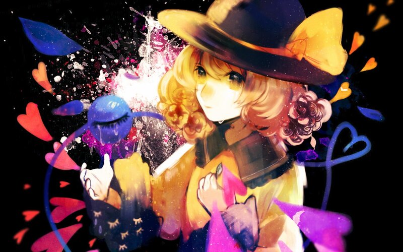 anime girl with hat and paint splatters