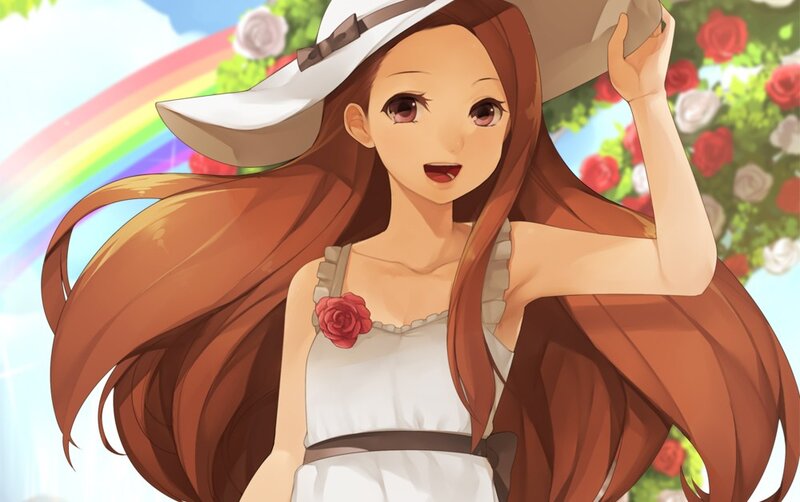 anime girl with hat and roses