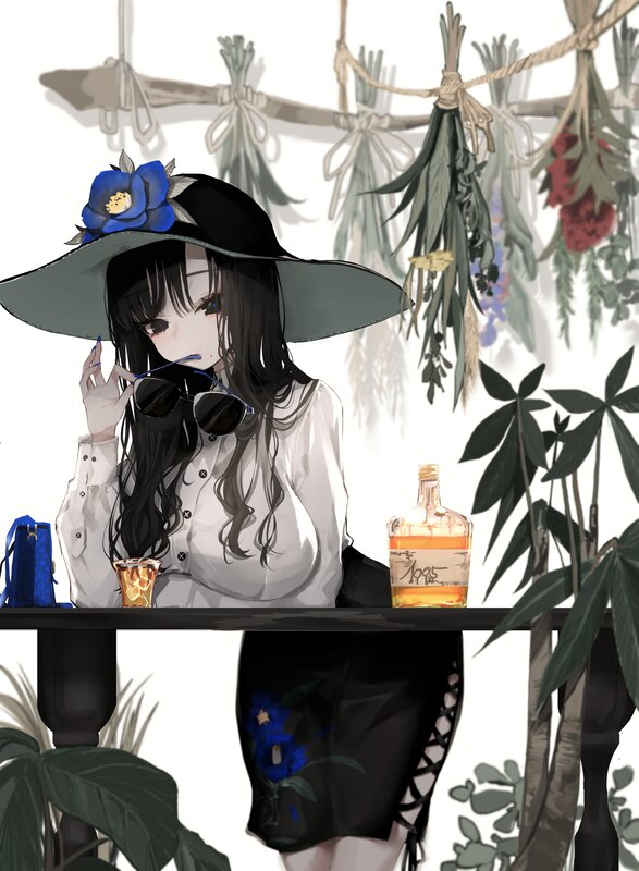 Anime Girl with Hat — Black, Calm, Digital Art