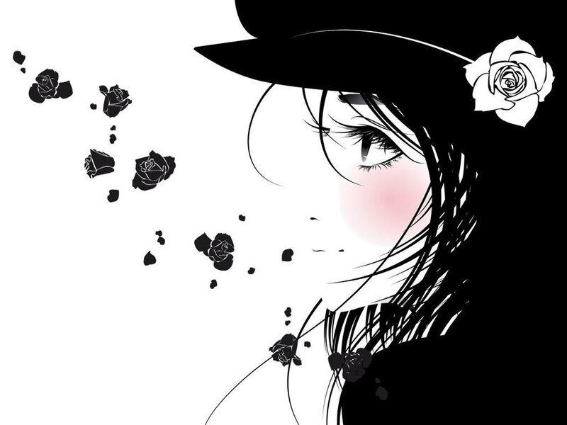 Anime Girl with Hat — Black, Dramatic, Manga, Rose