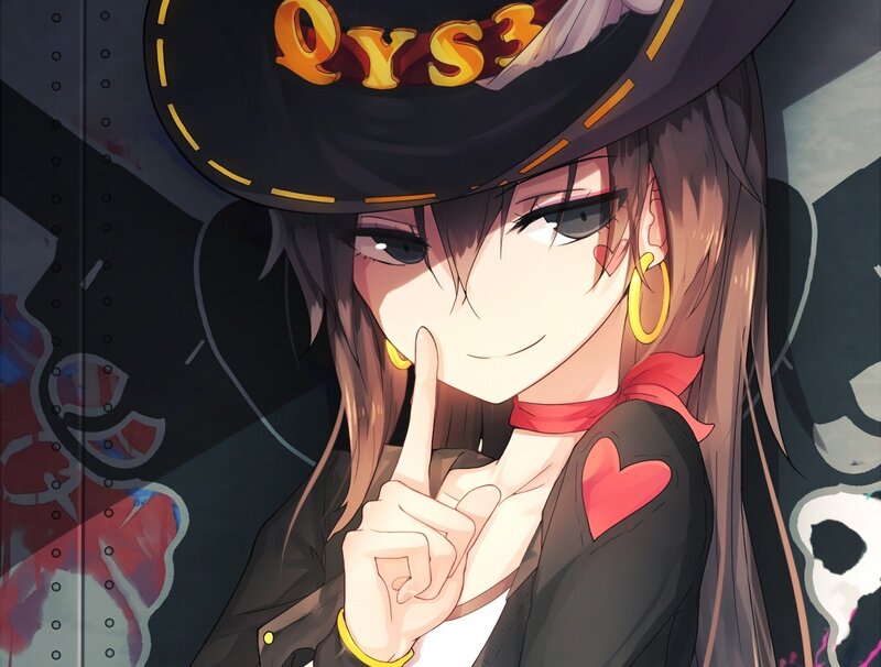 Anime Girl with Hat — Black, Playful, Heart