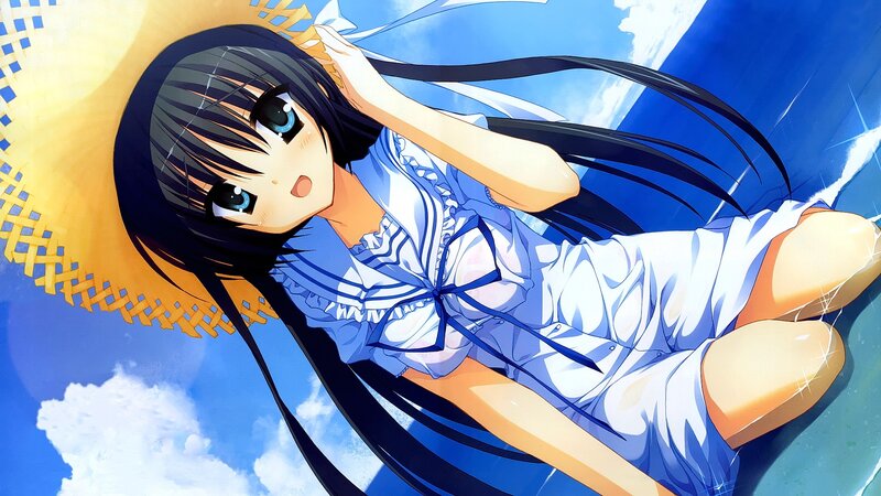 Anime Girl with Hat — Blue, Serene, Afternoon, Blue Sky