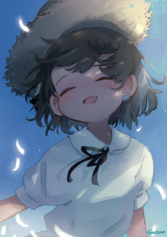 Anime Girl with Hat — Blue, Serene, Afternoon, Digital Art, Shirt