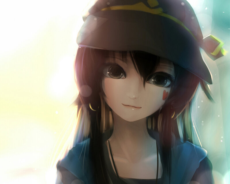 Anime Girl with Hat — Blue, Serene, Sunset