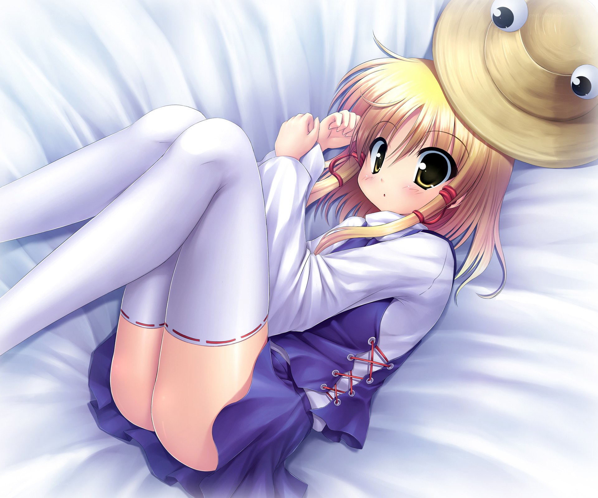anime girl with hat on bed