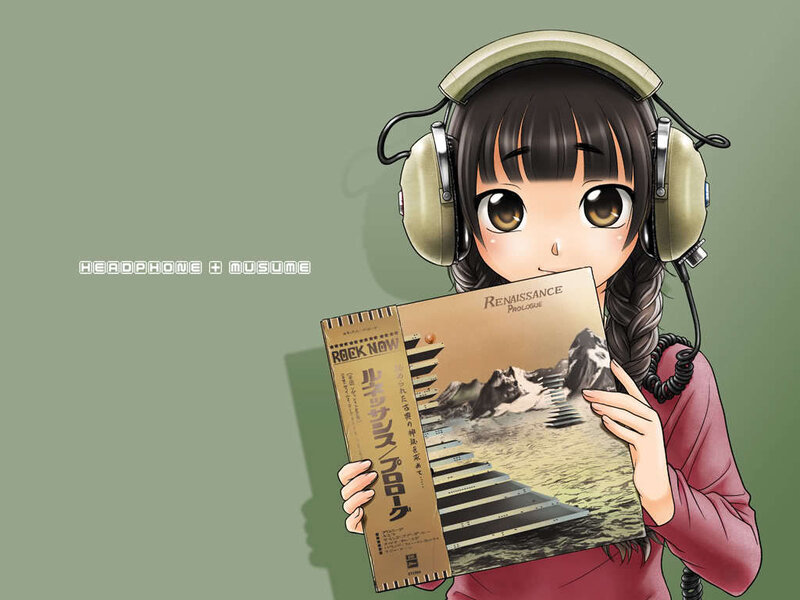 anime girl with headphones and album