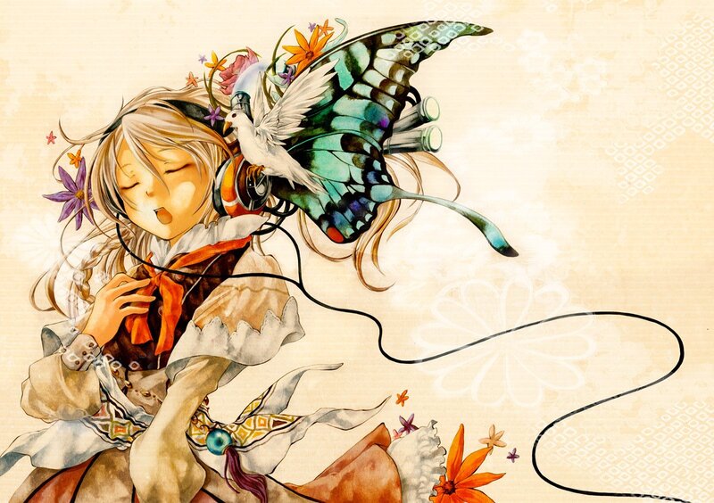 Anime girl with headphones and butterfly