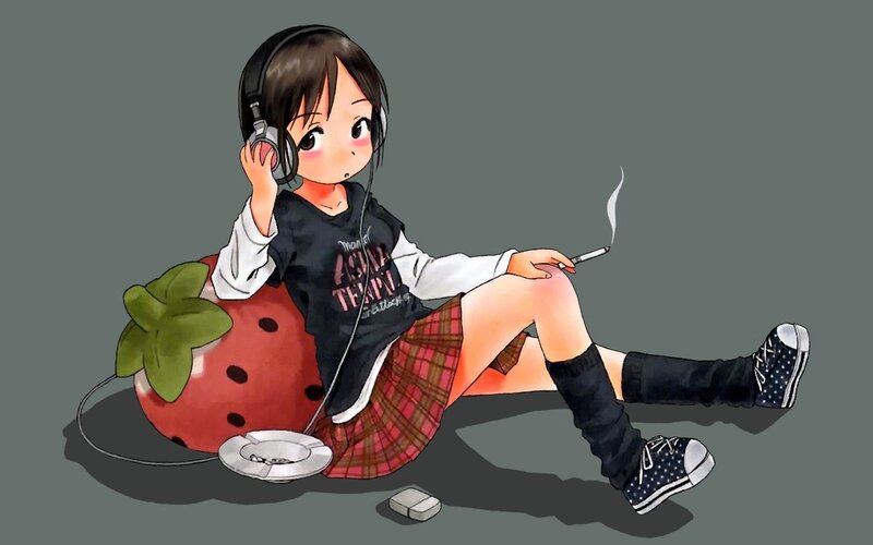 Anime girl with headphones and cigarette