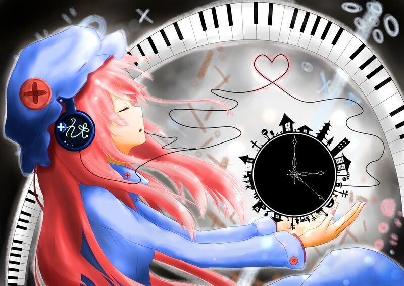 Anime girl with headphones and clock