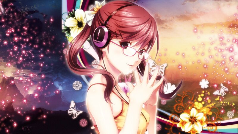 Anime girl with headphones and flowers