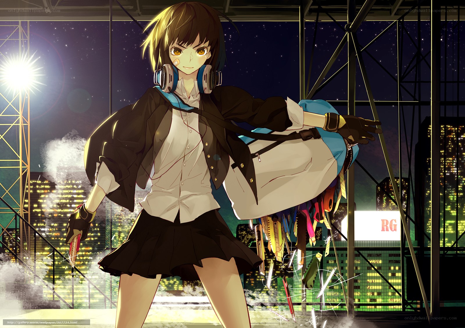 Anime girl with headphones and knives