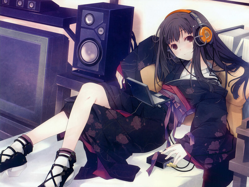 Anime girl with headphones and laptop