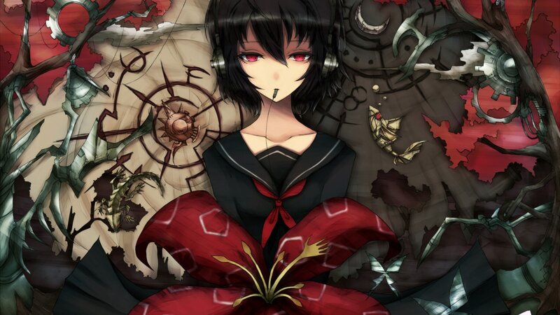 anime girl with headphones and mechanical elements