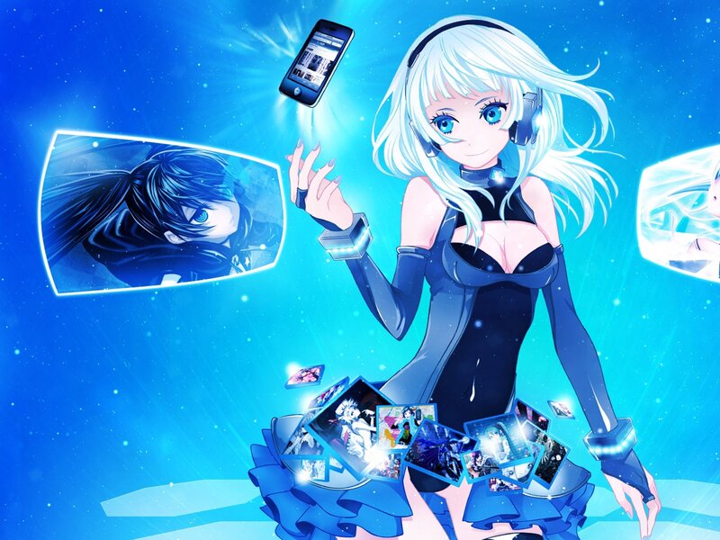 Anime girl with headphones and phone