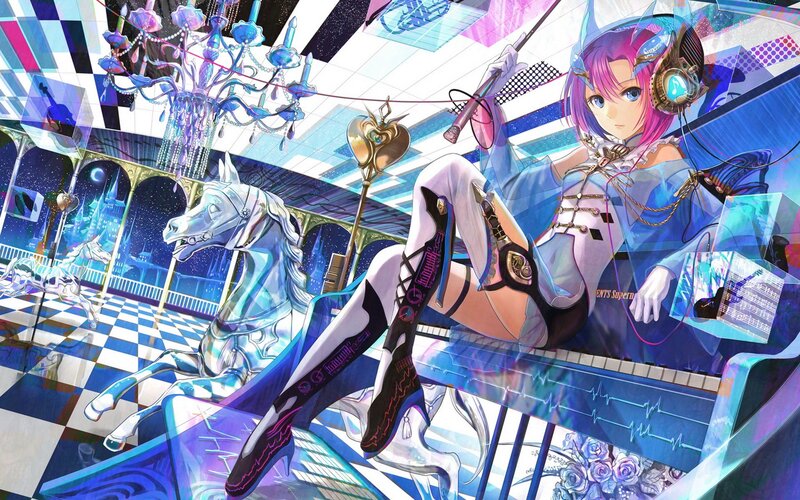 anime girl with headphones and piano