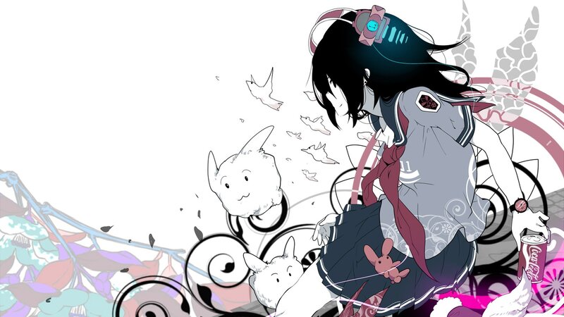 anime girl with headphones and soda