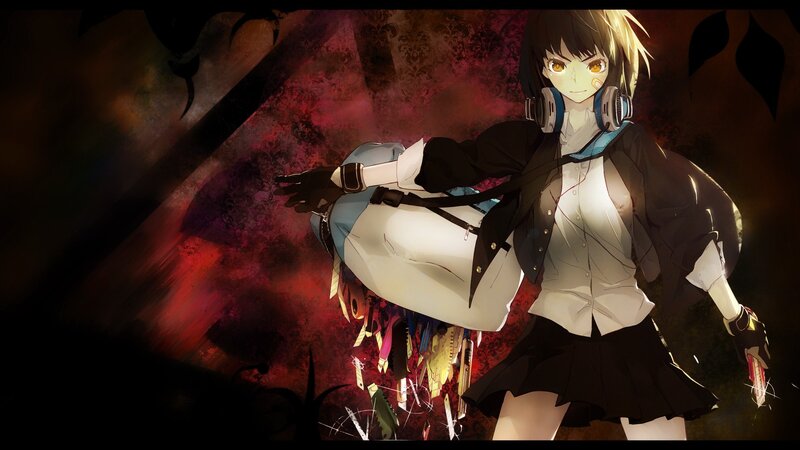 anime girl with headphones and weapons