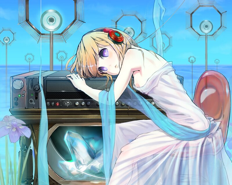 Anime girl with headphones at console