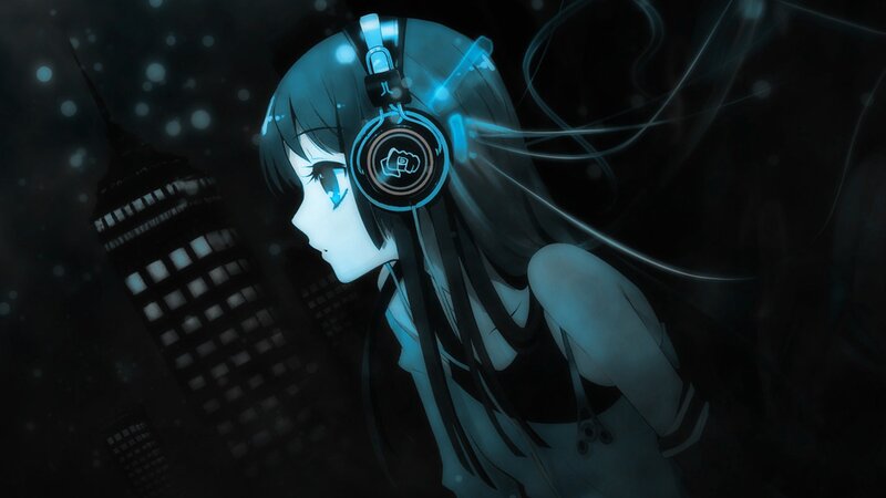anime girl with headphones at night