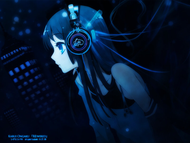 Anime girl with headphones at night
