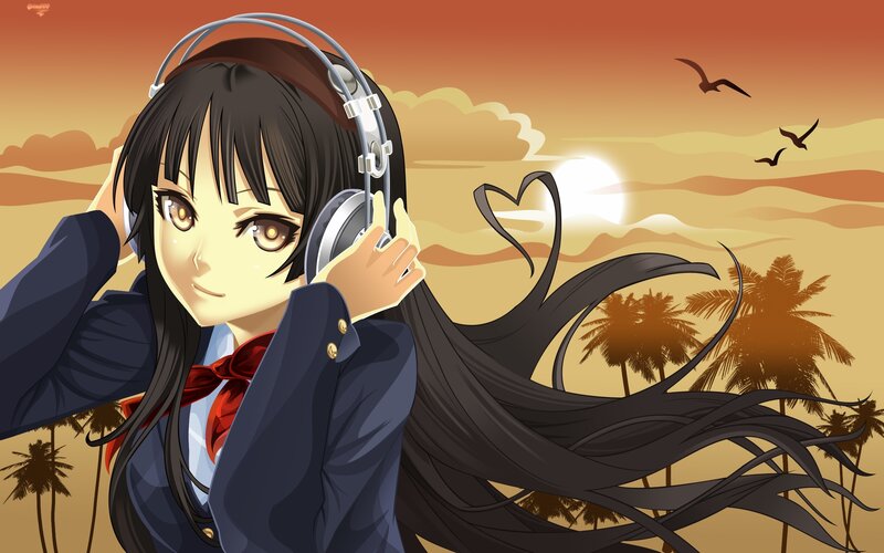 anime girl with headphones at sunset