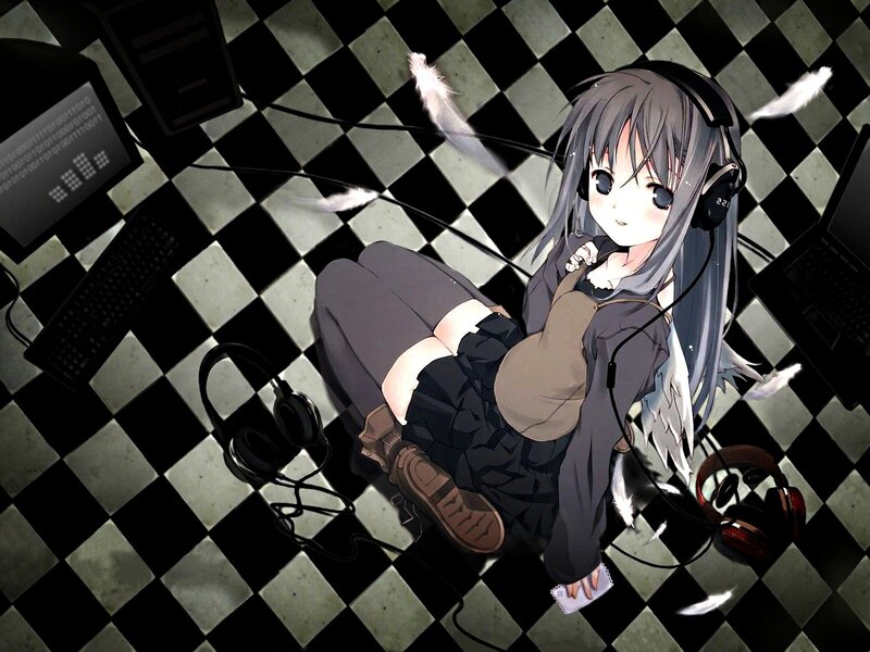 Anime Girl with Headphones — Black, Calm, Computer, Feathers