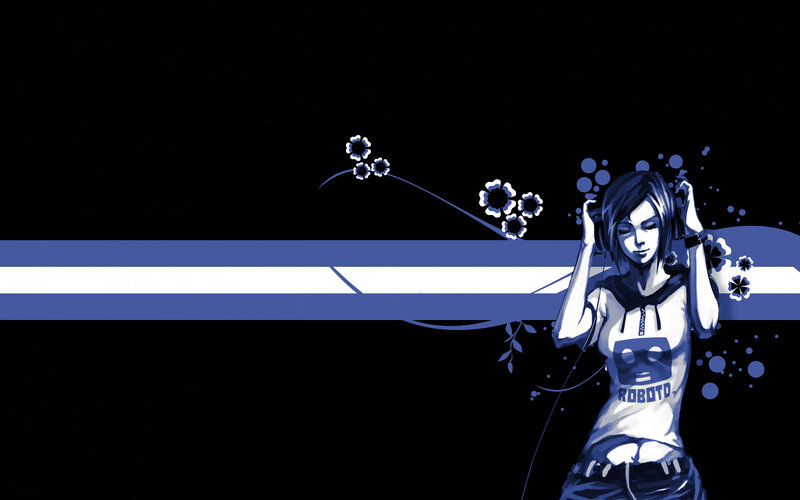 Anime Girl with Headphones — Black, Calm, Digital Art, Flowers, Stripes
