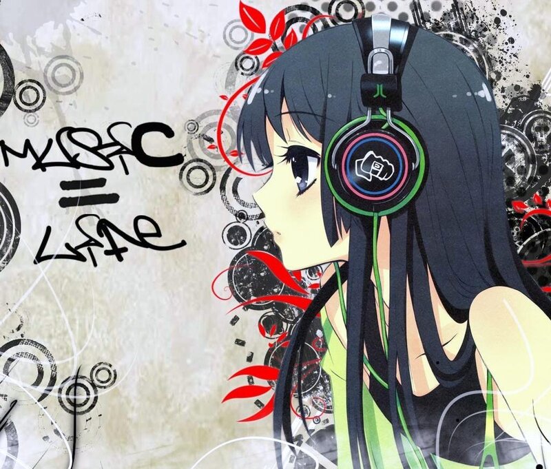 Anime Girl with Headphones — Black, Calm, Digital Art, Graffiti