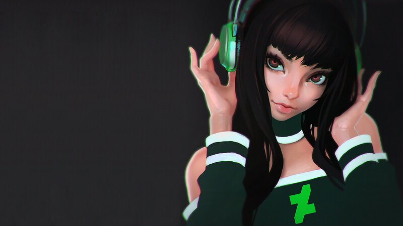 Anime Girl with Headphones — Black, Calm, Digital Art, Long Hair