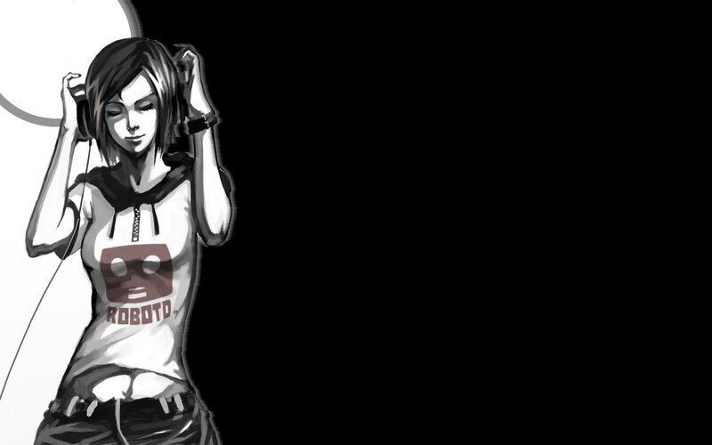 Anime Girl with Headphones — Black, Calm, Manga, T-shirt, Black Background