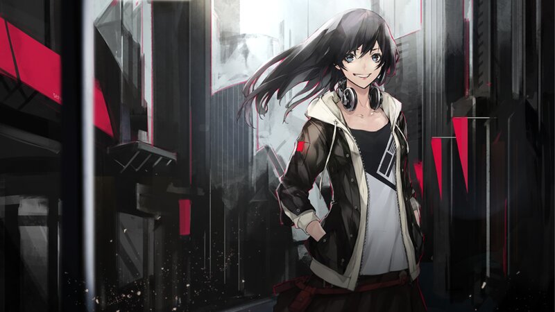 Anime Girl with Headphones — Black, Confident, Digital Art, Jacket