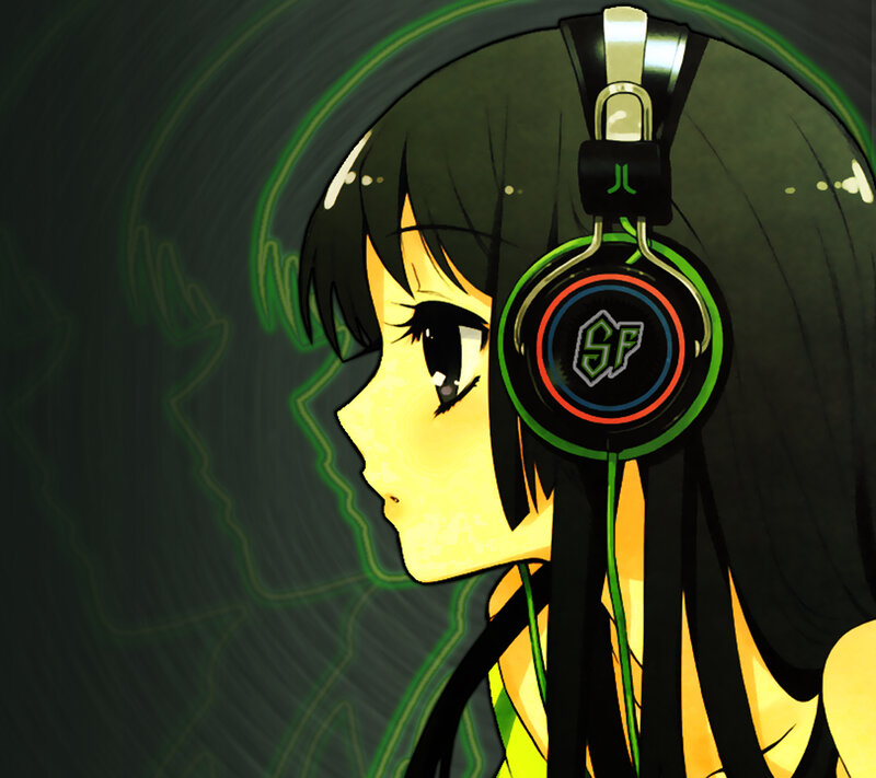 Anime Girl with Headphones — Black, Dark, Green Light