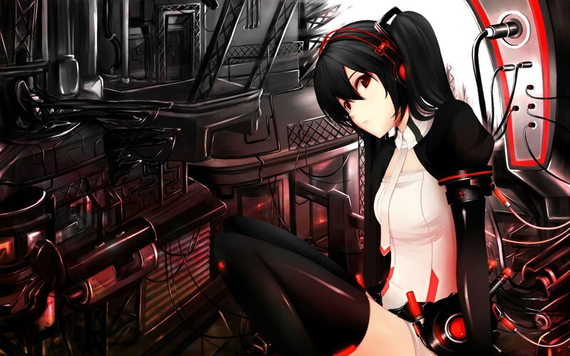 Anime Girl with Headphones — Black, Dramatic, Digital Art, Control Panel