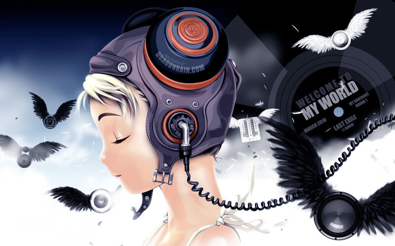 Anime Girl with Headphones — Black, Dreamy, Digital Art