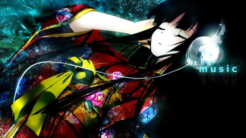 Anime Girl with Headphones — Black, Dreamy, Kimono