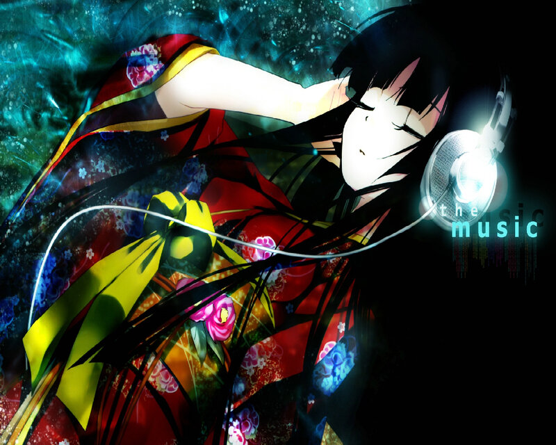 Anime Girl with Headphones — Black, Dreamy, Night