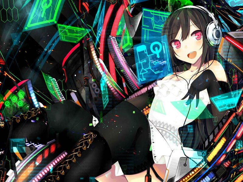 Anime Girl with Headphones — Black, Energetic, Digital Art
